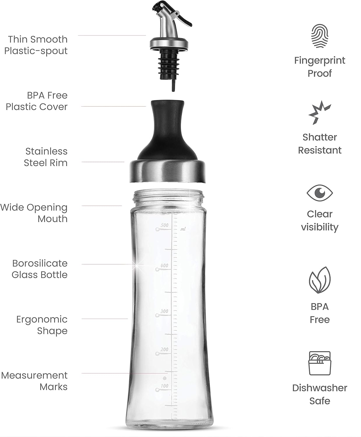 Superior Glass Oil and Vinegar Dispenser, (set of 2) Modern Olive Oil Dispenser, Wide Opening for Easy Refill and Cleaning, Clear Lead Free Glass Oil Bottle, Pouring Spouts, 18 Oz. Cruet Set: Home Improvement