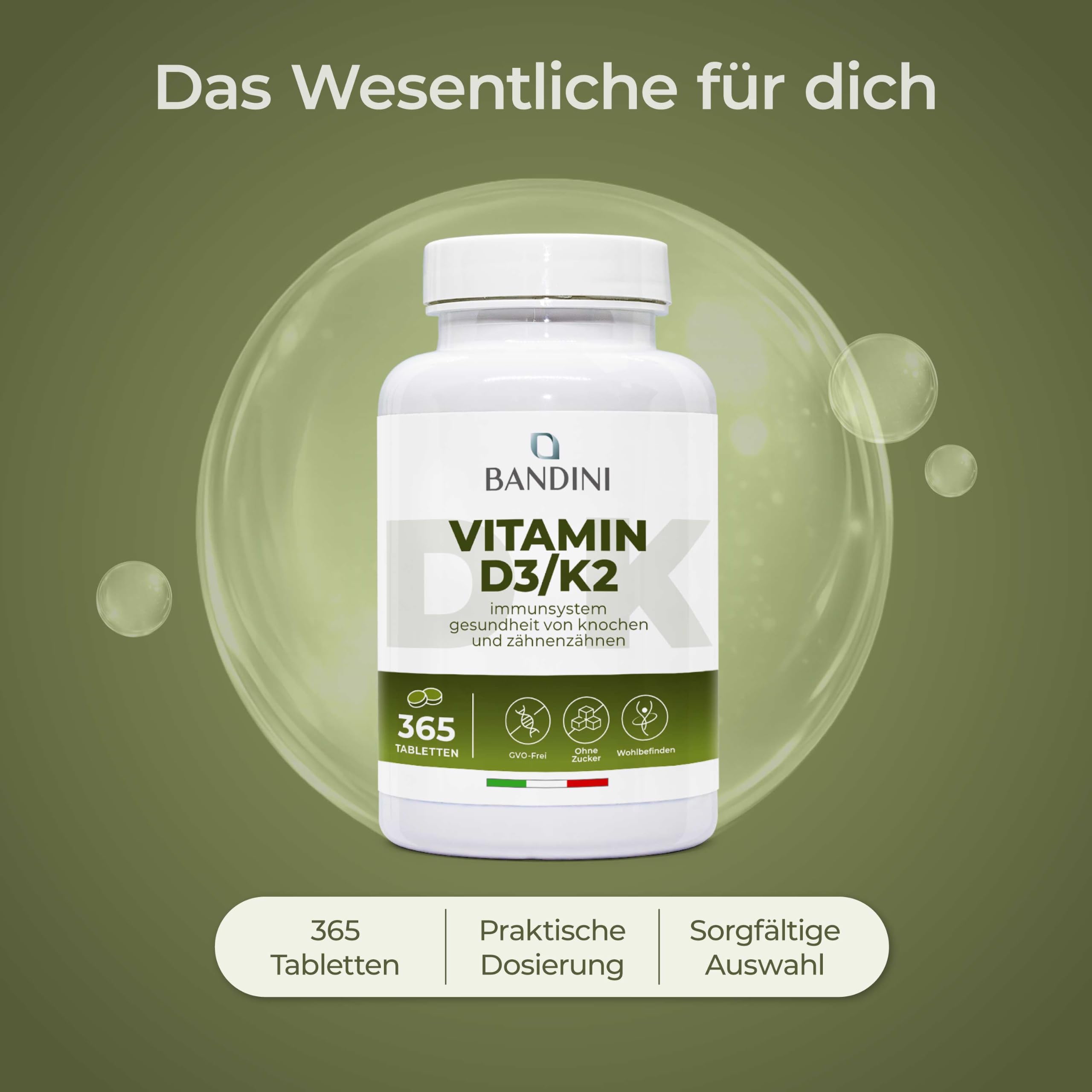 Bandini® Vitamin D3 K2 | 365 TABLETTEN | Vitamin D 2000 IE + 200 mcg Vit K 4