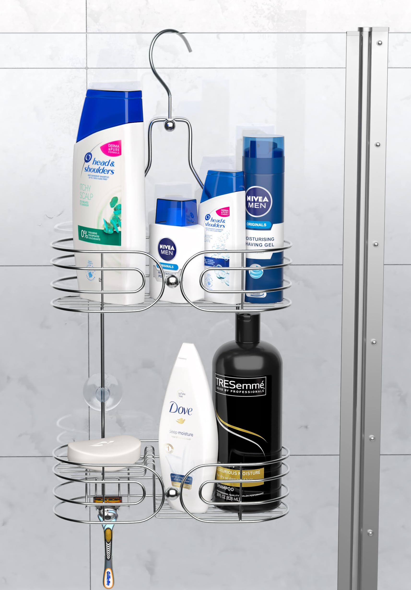 SKATCO Hanging Shower Caddy - 2-Tier Rust-Resistant Stainless Steel Shelves Chrome Rack Organizer Bathroom Basket Storage Holds Shampoo, Conditioner, Soap, Bath Sponge, Scrubs, Razors, Washcloths