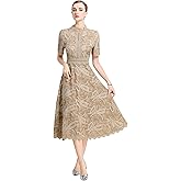 LAI MENG FIVE CATS Women's Lace Hollow Short Sleeve Crochet Waist Embroidy Cocktail Midi Dress