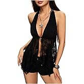 Milumia Women's Sexy Floral Lace Halter Top Deep V Neck Backless Sheer Tops