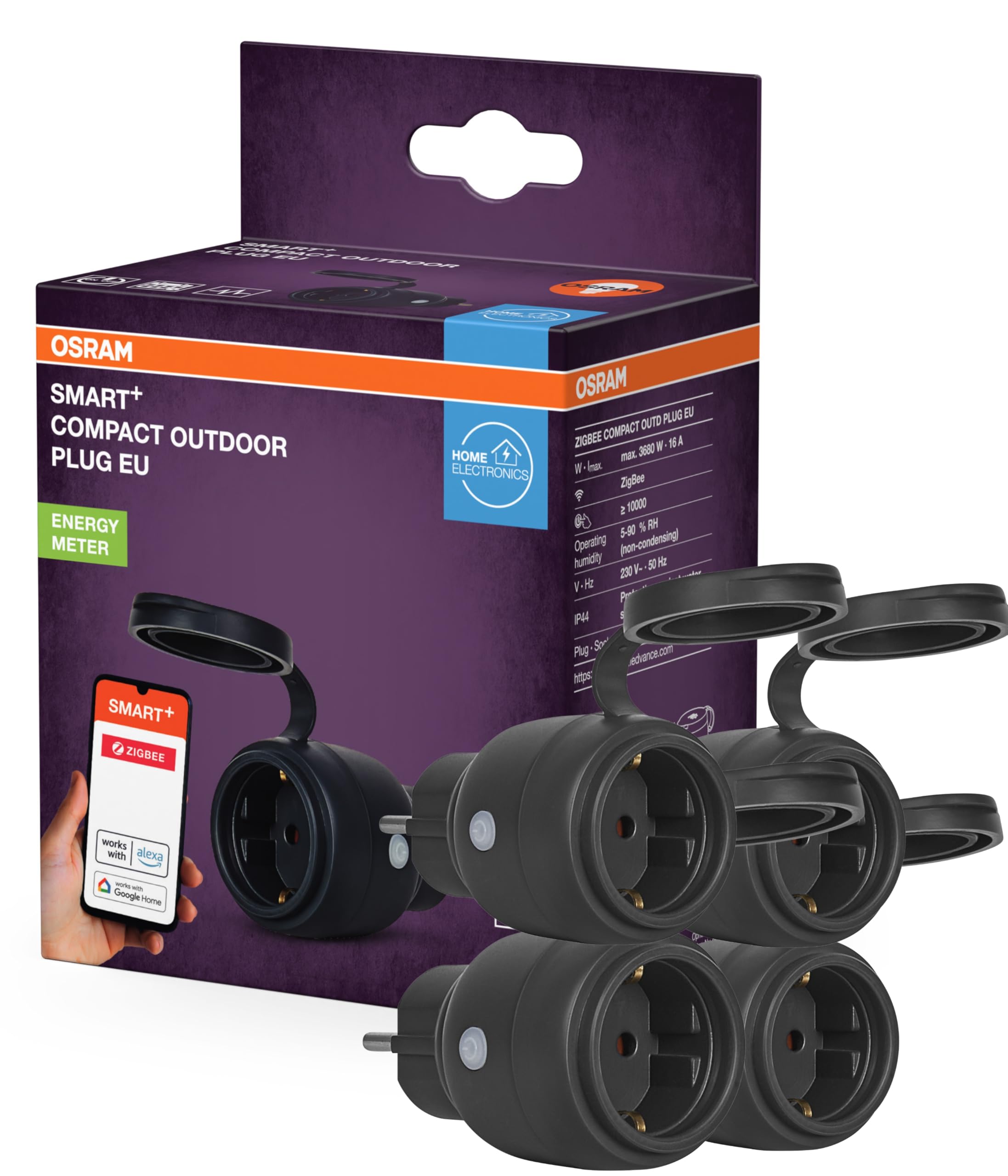 OSRAM SMART+ ZIGBEE Outdoor-EU-Steckdose, Außensteckdose mit Energieverbrauchskontrolle in Schwarz aus PP, IP44-Schutz, Integration von Geräten ins Smart Home