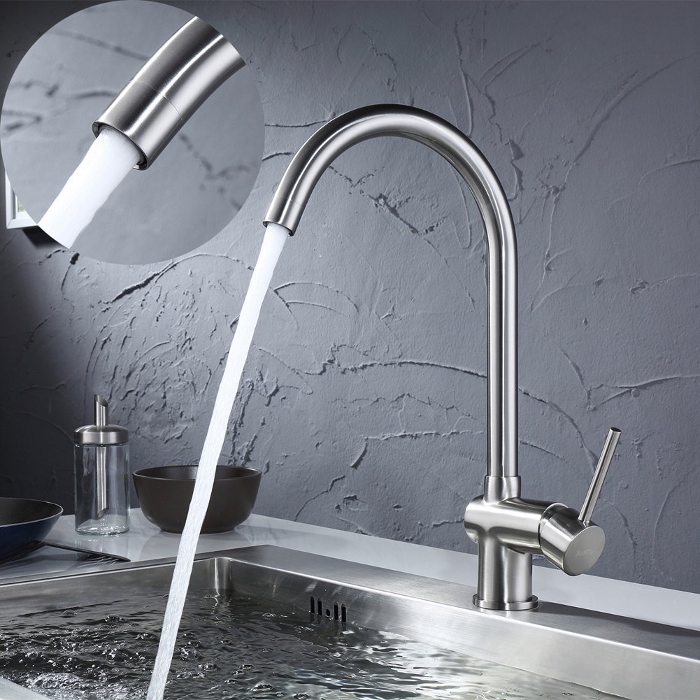 Sontiy Kitchen Faucet Lead free Brass Kitchen Faucet Single Handle Kitchen Sink Faucet 360 Degree Swivel Good Valued Modern Hot & Cold Faucet Mixer 5 YEARS WARRANTY Brushed Nickel
