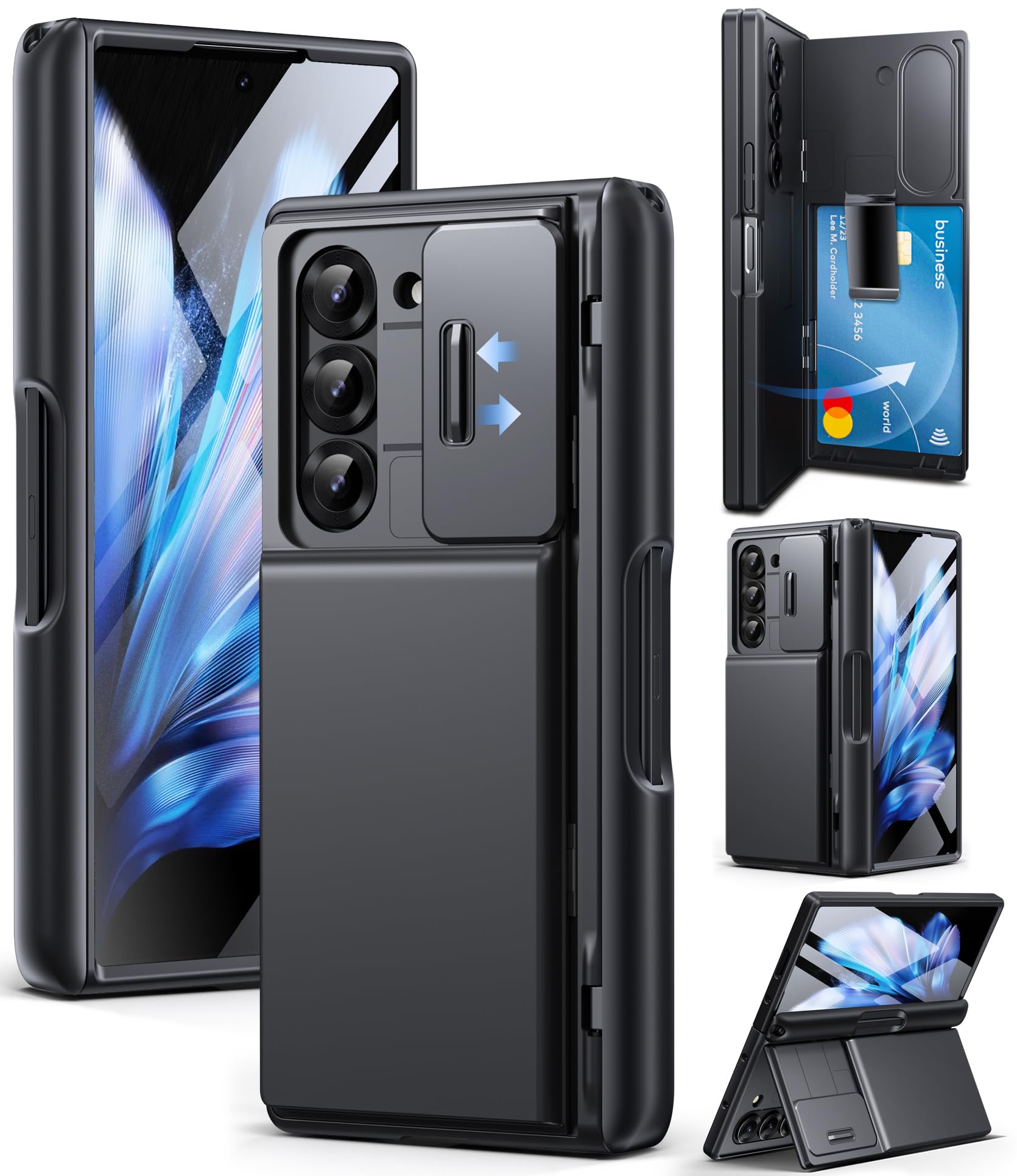 TONGATE Wallet for Z Fold 6 Case with Privacy Screen Protector, [4-Card Holder][Anti Spy] Built-in Large Stand & Slide Camera Cover Z6 Shockproof Phone Case for Samsung Galaxy Z Fold 6 2024, HD Black