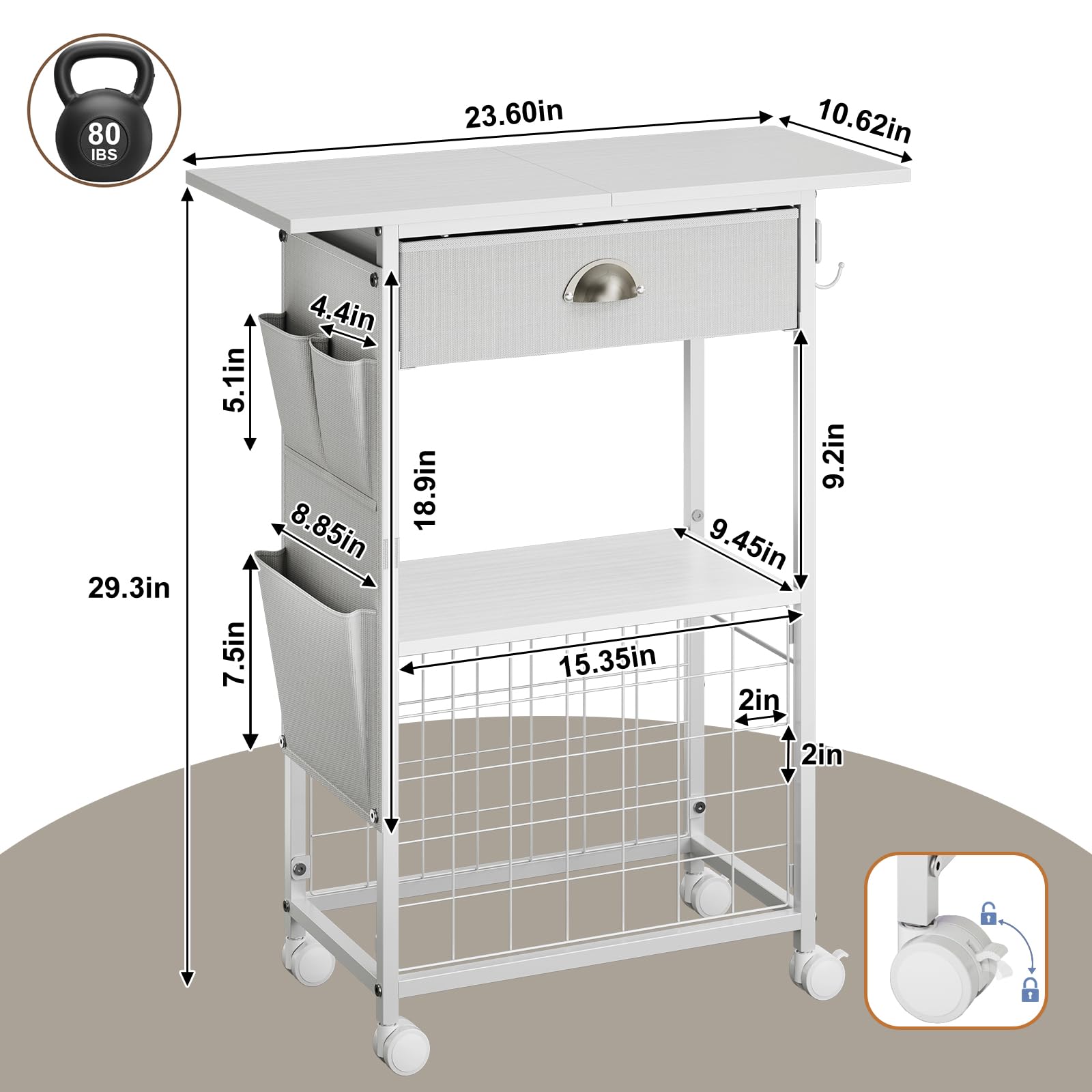 Craft Organizers Table and Storage Cart: Organizing Cutting Accessories and Machine with 35 Vinyl Roll Holders, Crafting Heat Press Stand with Drawers and Hooks, White