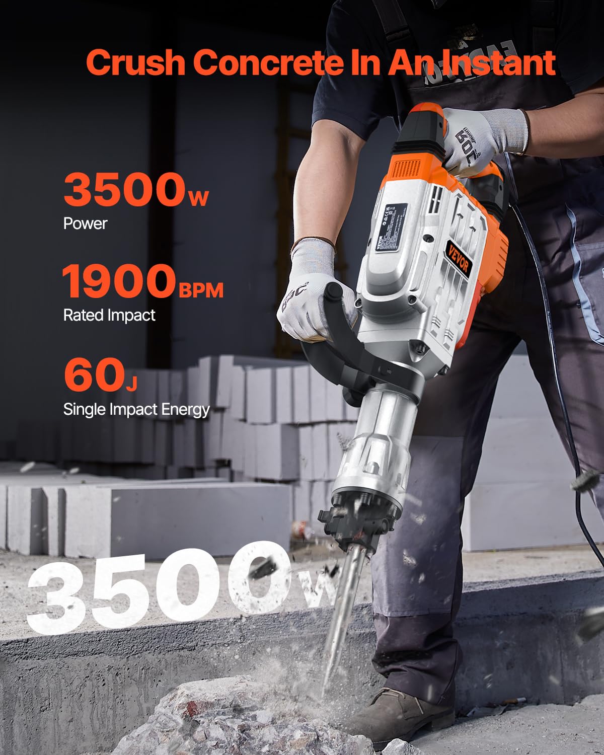 VEVOR Demolition Jack Hammer, MAX 3500W Jack Hammer Concrete Breaker 1900 BPM Heavy Duty Electric Jack Hammer, 2pcs Chisel w/Gloves & 360°C Swiveling Front Handle for Trenching and Breaking Holes