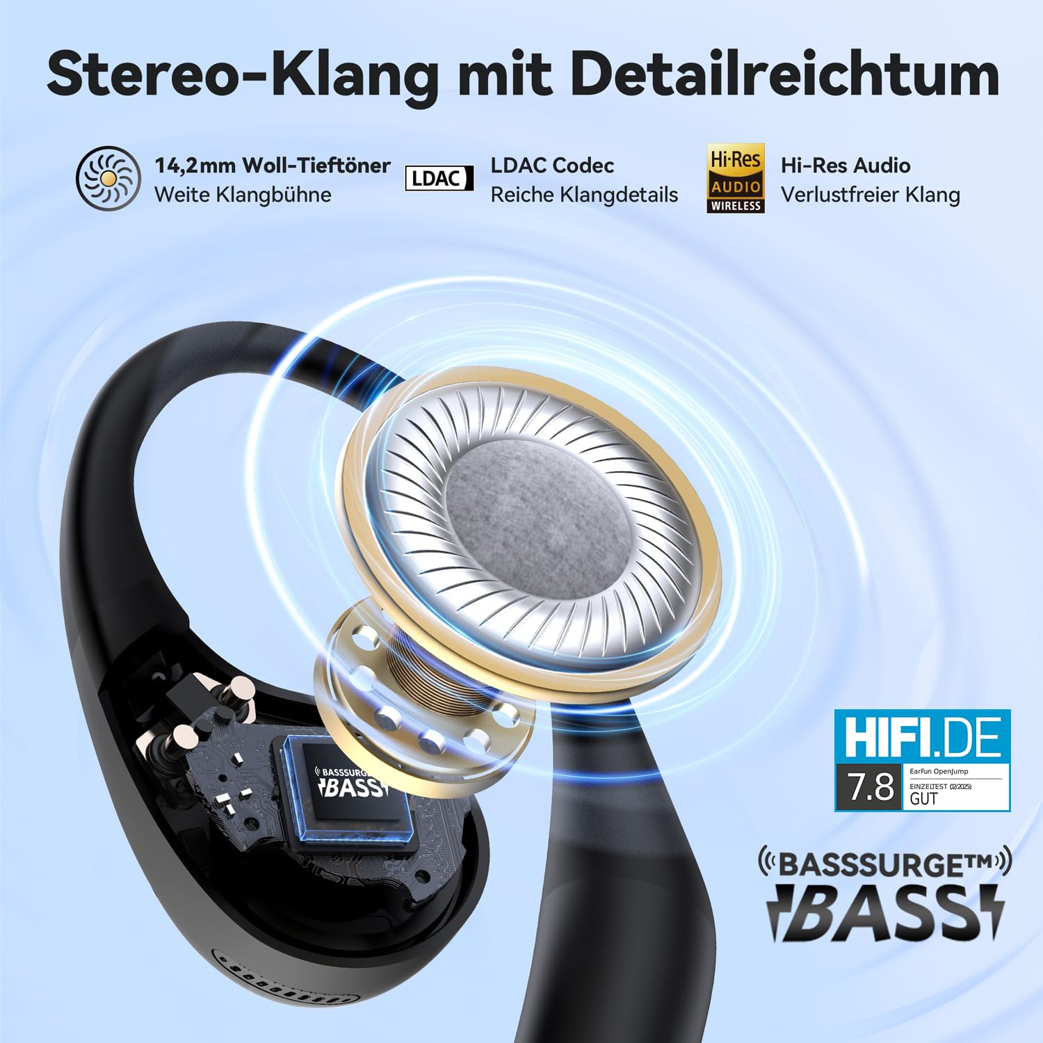 EarFun OpenJump Bluetooth Open-Ear Kopfhörer, Hi-Res Audio, LDAC, Theatermodus, anpassbare Ohrbügel, 42 Std Akku, Kabelloses Laden, IPX7 Sportkopfhörer, Klare Anrufe mit KI, Spielmodus, Multipoint 3