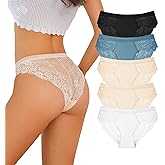 VKME Sexy Cheeky Lace Womens Underwear Invisible Seamless Coverage Panties Lace Bikini Briefs 5 pack