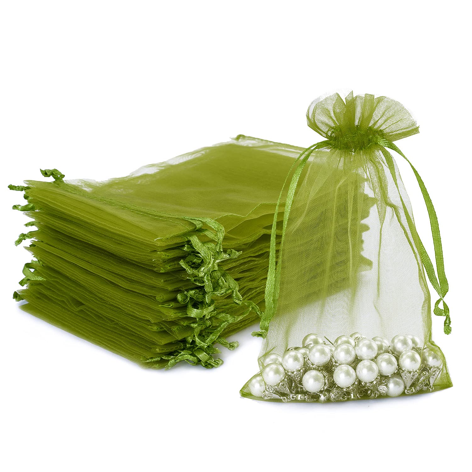 60pcs Olive Green Organza Gift Bags Medium 10 x 15cm Drawstring Jewelry Pouches Wedding Party Favour and Candy Bags (10 X 15 CM, Olive Green) — image 1