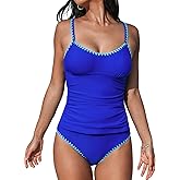 CUPSHE Women's Tankini Sets Two Piece Swimsuit Scoop Neck Tummy Control Adjustable Straps Shell Stitched