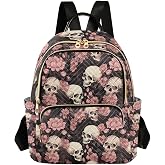 ALAZA Skeleton Skull Pink Flowers Small Backpack Purse for Women Travel Bag Lightweight Shoulder Bag Fashion Daypack