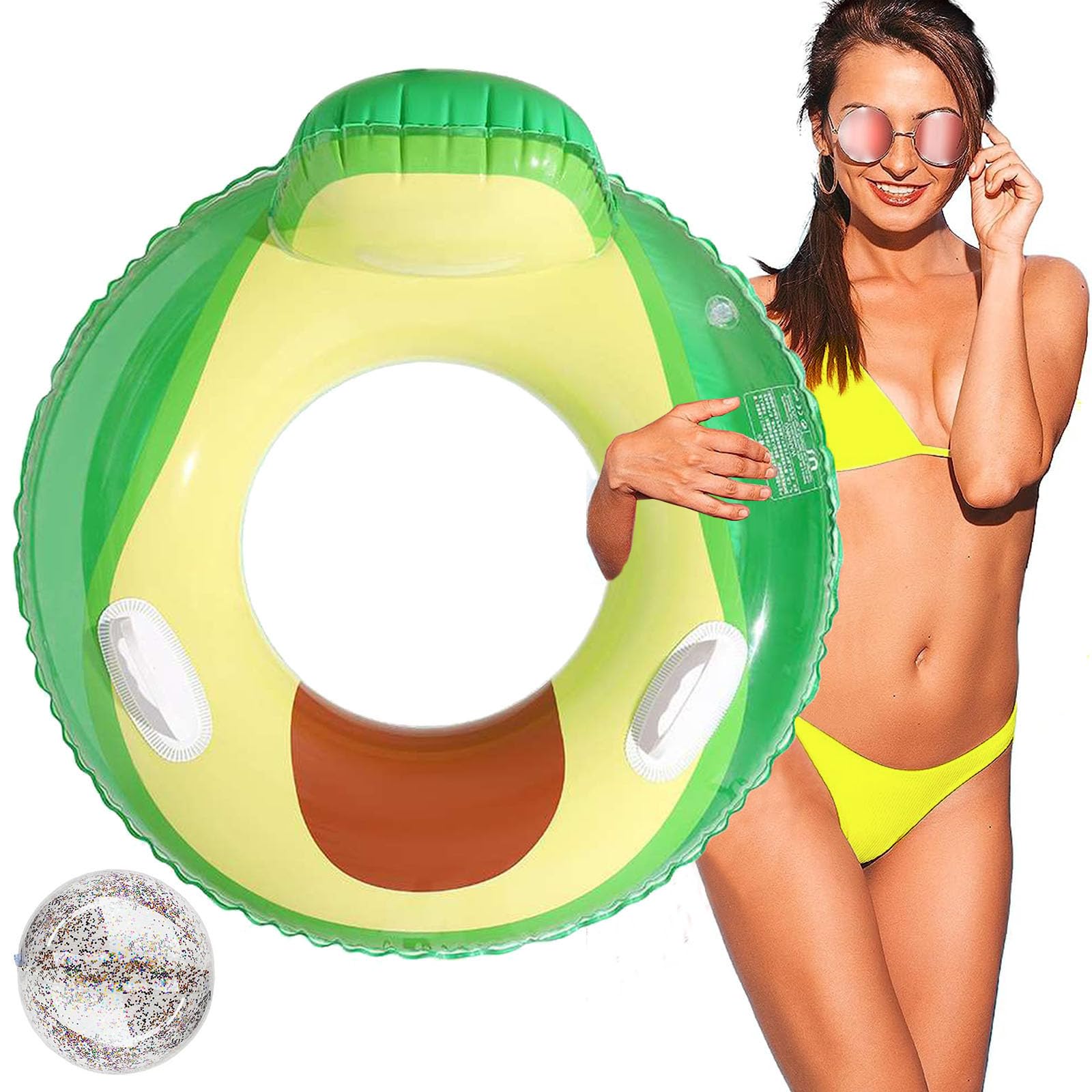 Inflatable Rings for Adults Cool Summer Pool Inflatables Rubber Avocado Water Swim Ring with Inflatable Glitter Beach Ball for Swimming Pool Party Decorations