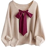 SOLY HUX Women's Plus Size Sweaters Pullover Bowknot V Neck Long Sleeve Knit Tops Fall Clothes