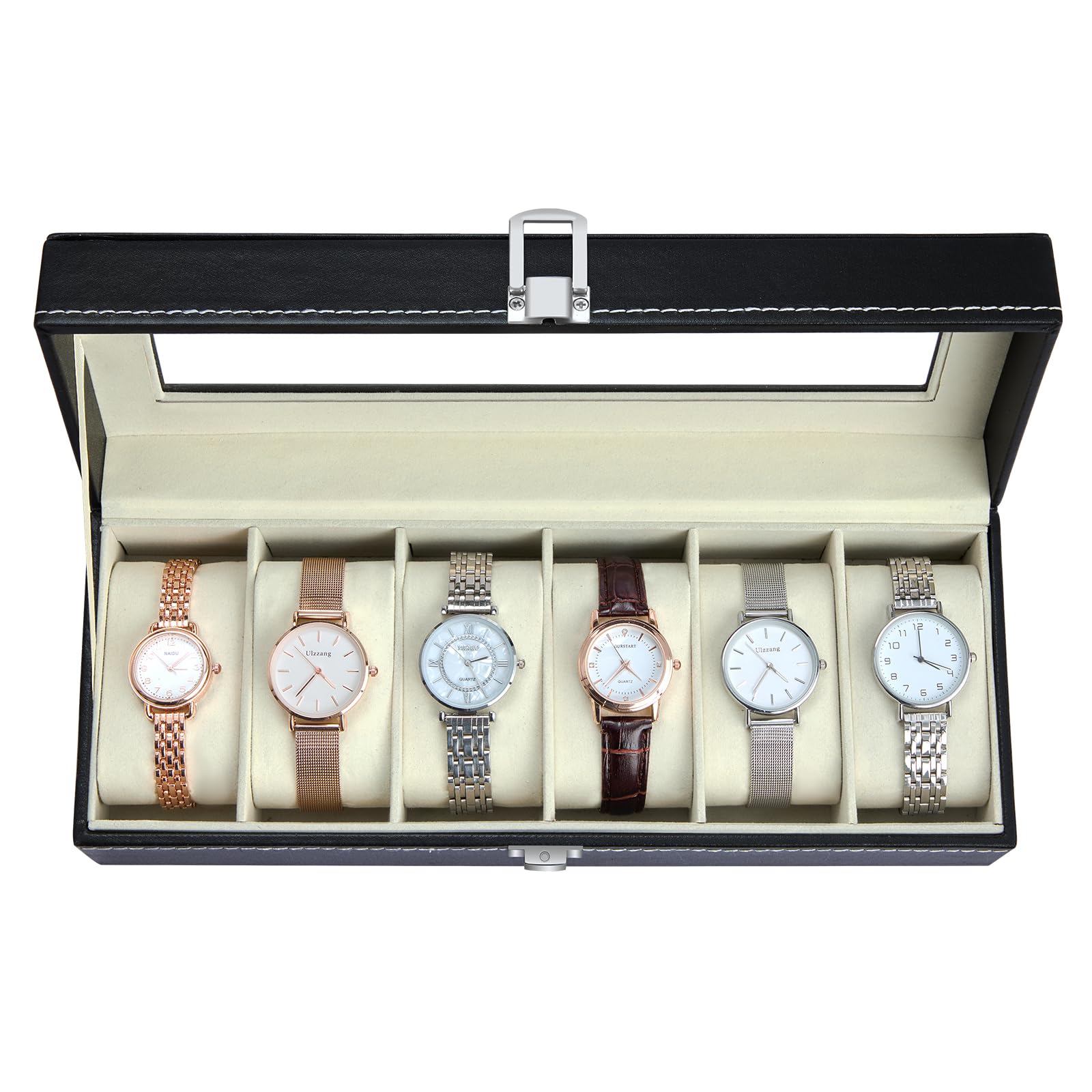 Ohuhu Watch Box with 6 Slots, Watch Case with Glass Lid, Watch Holder with Removable Velvet Pillows, PU Leather, Metal Clasp, Gift Idea for Birthday Valentine's Day