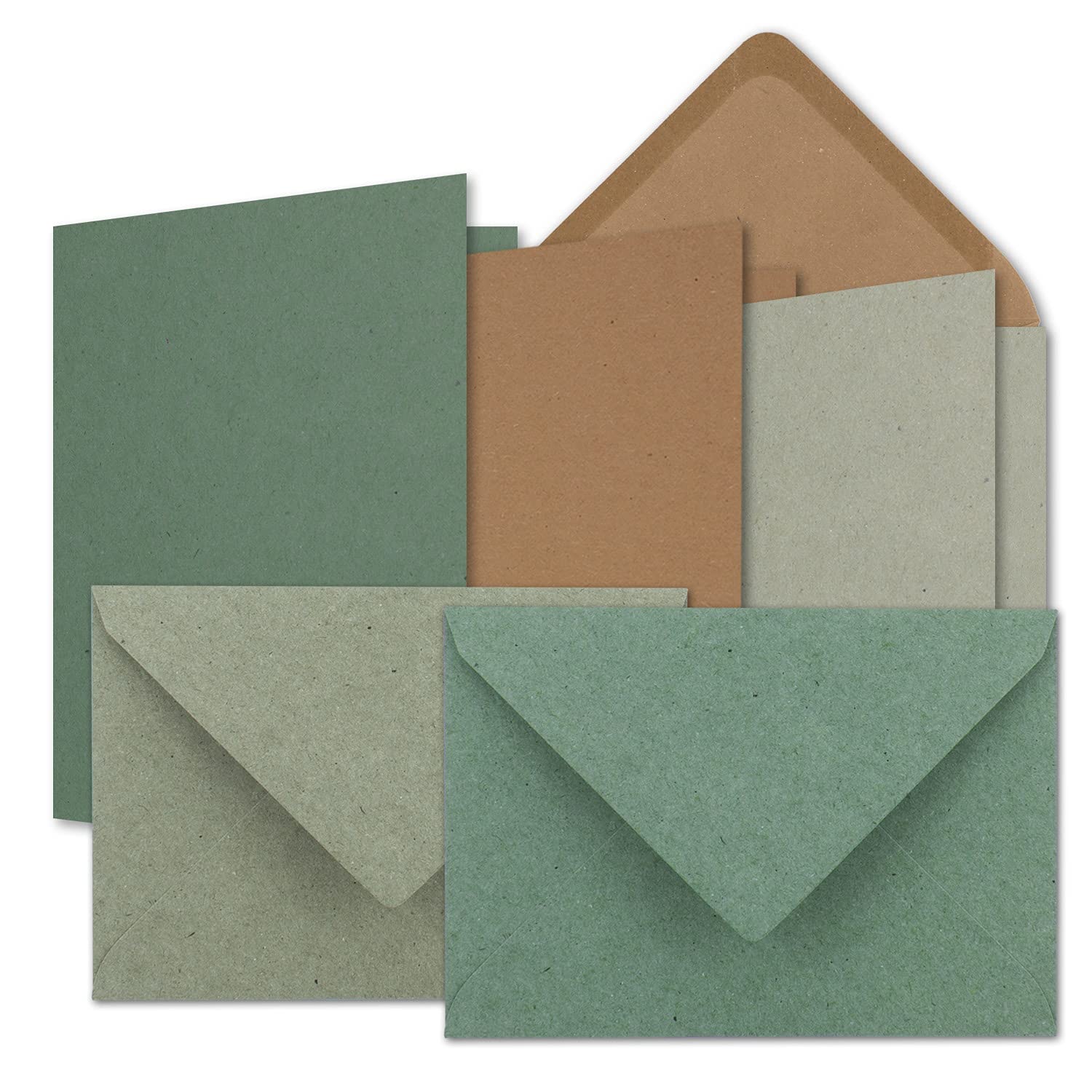 60 x Card Set DIN B6 – Kraft Paper Brown – Kraft Paper Grey – Kraft Paper Eucalyptus – Folding Cards with Envelopes – 3 Colours – 12 x 17 cm & Envelopes – 12.5 x 17.5 cm