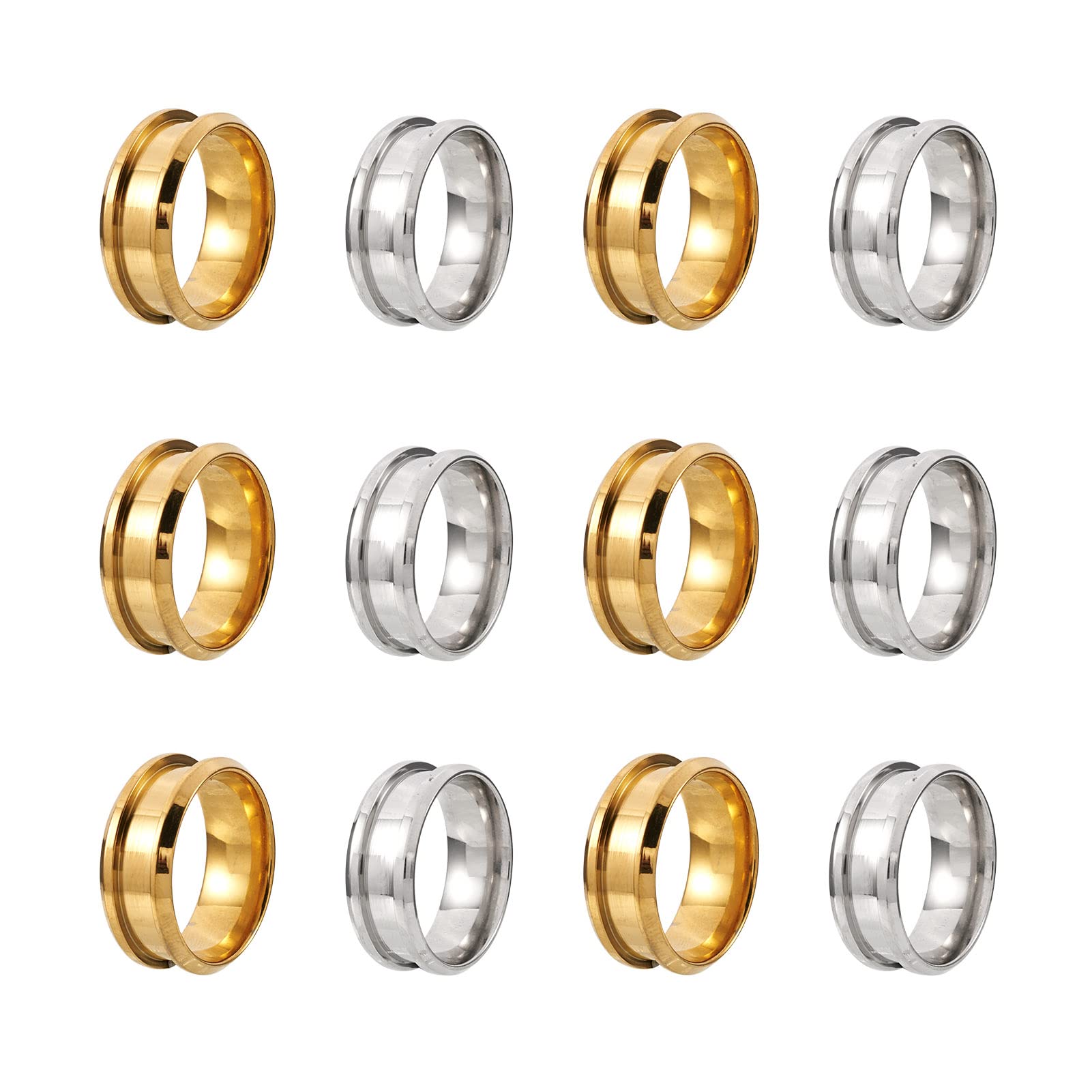 PandaHall 12pcs Stainless Steel Inlay Ring Core Blanks 17mm/18mm/19mm/20mm/21mm/22mm Round Grooved Finger Ring for Inlay Ring Jewelry Making Men Women, Golden & Stainless Steel Color — image 1