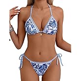 Tainehs Women's Sexy Halter Bikini Set Triangle Top String Swimwear Two Piece Swimsuits Cheeky Bathing Suit