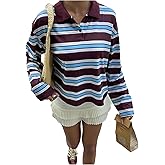 MakeMeChic Women's Striped T Shirts Button Up Collar Long Sleeve Preppy Rugby Shirt Tops