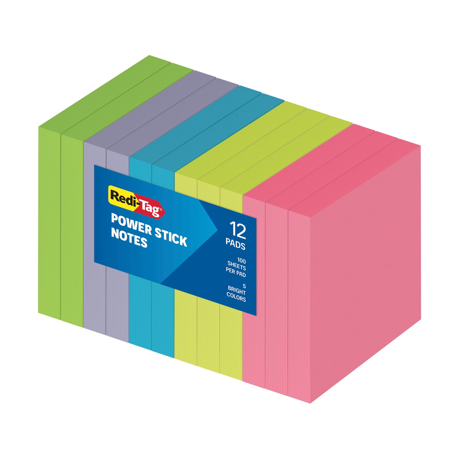 Photo 1 of Redi-Tag Sticky Notes, Power Stick Notes, Adhesive Reminders, 3" x 3" Reusable Notes, Strong Adhesive Memos, Assorted Bright Colors, 12 Pack (1000976)