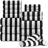18 Pcs Black White Cabana Stripe Family Towels Set-6 Bath Sheets,6 Hand Towels,6 Washcloths Soft Jumbo Bathroom Towels Absorbent Shower Towel Quick Dry Beach Chair Towel Spa Gym Hotel Towel Set