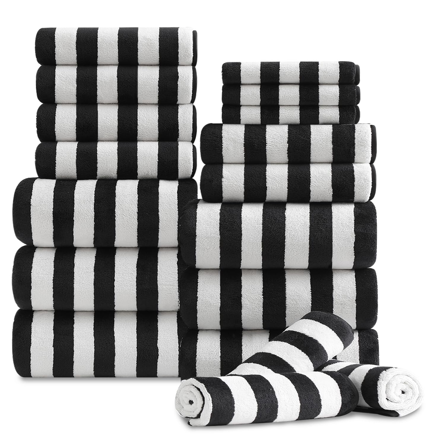 Photo 1 of 18 Pcs Black White Cabana Stripe Family Towels Set-6 Bath Sheets,6 Hand Towels,6 Washcloths Soft Jumbo Bathroom Towels Absorbent Shower Towel Quick Dry Beach Chair Towel Spa Gym Hotel Towel Set