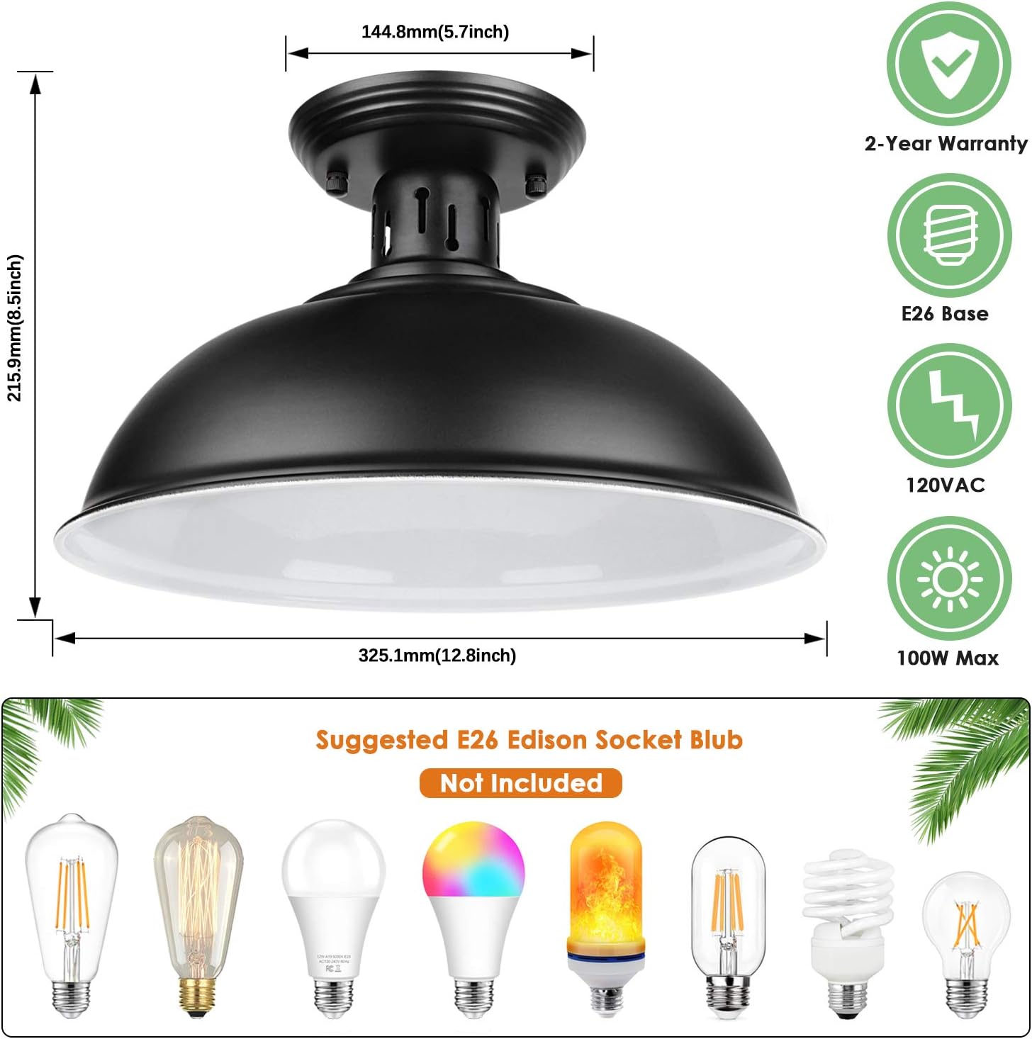 Farmhouse Semi Flush Mount Ceiling Light Fixture, E26 Medium Base, Industrial Black Pendant Lamp Shade, Great Close to Ceiling Lighting for Kitchen Island Corridor Porch Bedroom Foyer Hallway Entryway - - 