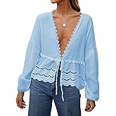Tankaneo Womens Deep V Neck Tie Front Blouse Cotton Long Puff Sleeve Eyelet Tops Cute Lace Trim Flowy Ruffle Shirts Sky Blue