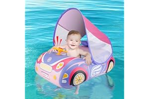 YEELAN Baby Pool Float,Baby Swim Float,Baby Pool Float with Canopy UPF50+ Sun Protection,Toddler Pool Float Inflatable, Car Shaped Baby Floats for Pool 6-12 12-48 Months with Safety Seat,No Flip Over