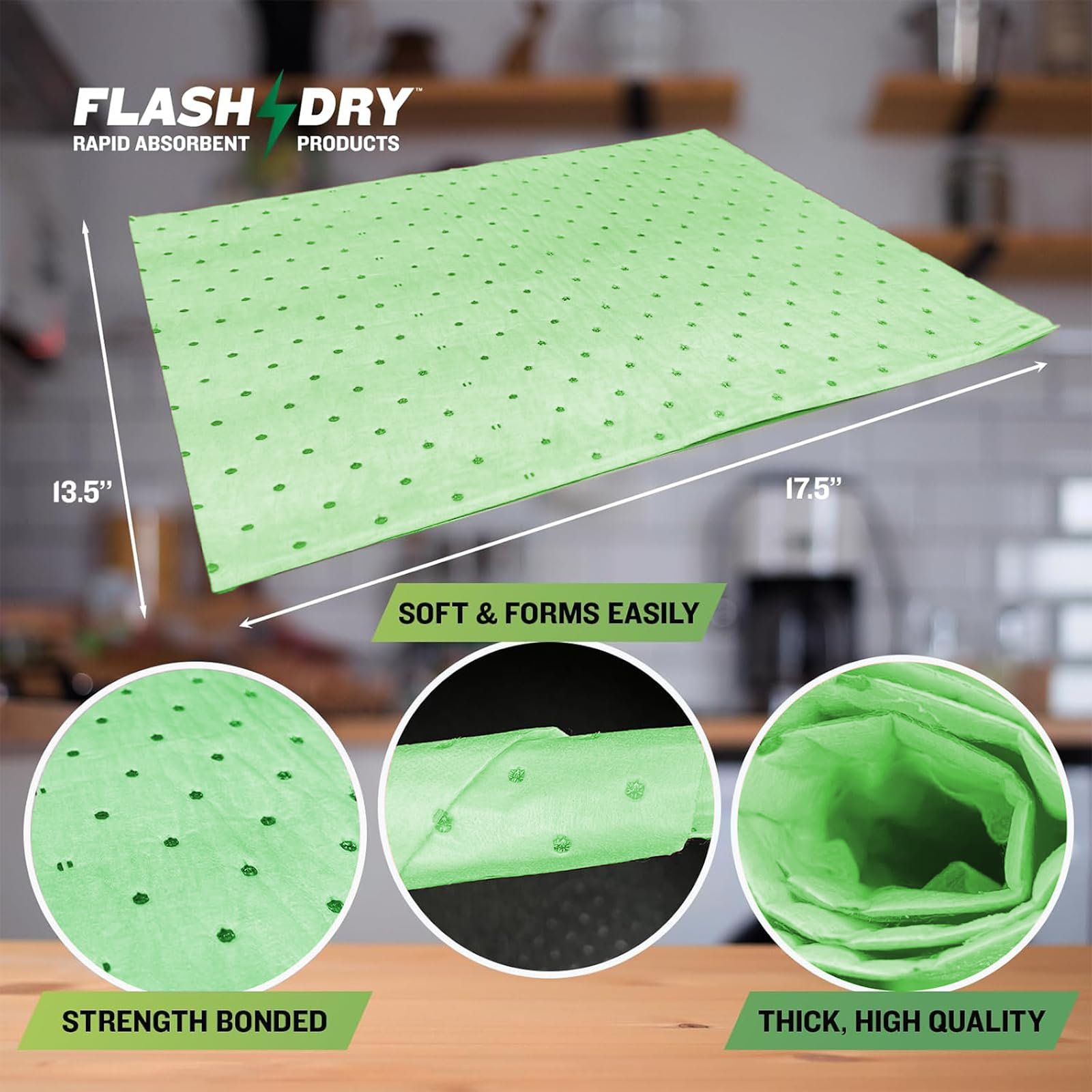 Condition photo showing New/Like New for flashdry chemical spill absorbent pads - 100 pads, 17.5"x13.5", high absorbency, quick liquid cleanu