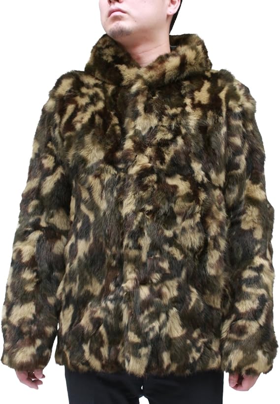 Amazon メンズ 毛皮ジャケット ラビットファージャケット 迷彩柄 ミリタリージャケット 6656 F カーキ コート ジャケット 通販