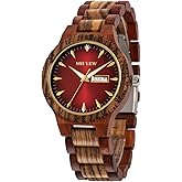 MII YEW Men's Wooden Watch Lightweight Analog Quartz Handmade Wood Watches with Date