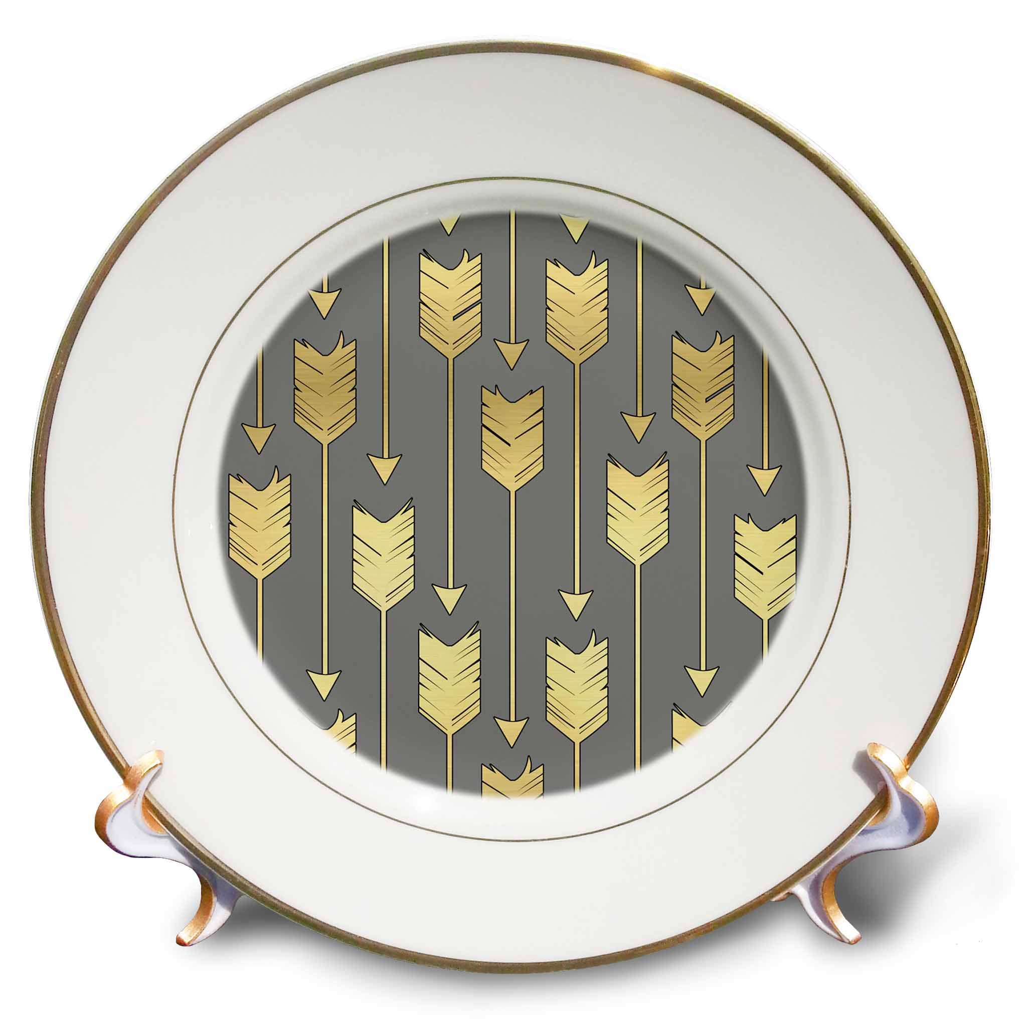 3dRose Grey and Gold Arrows Pattern-Porcelain Plate, 8-inch