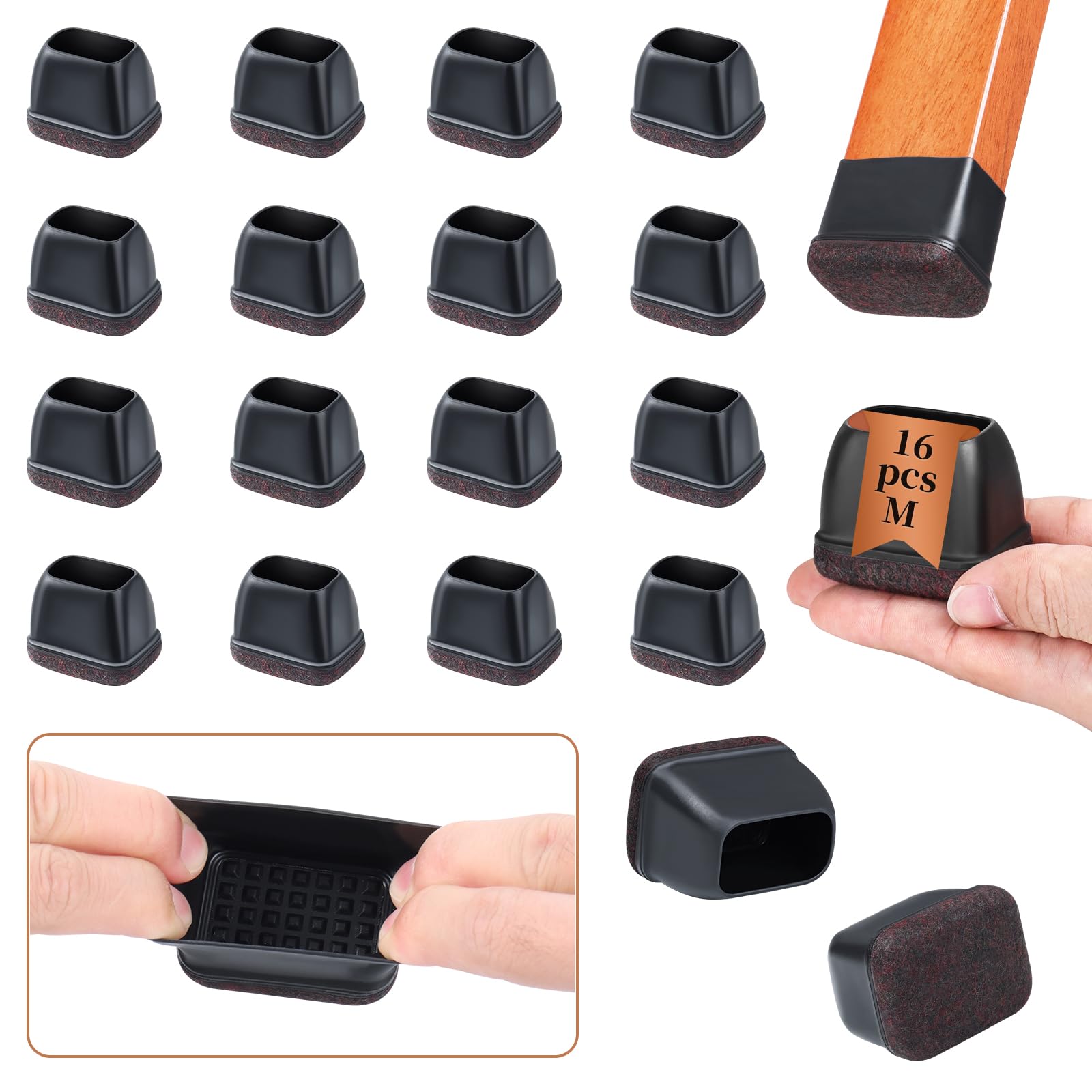16PCS Chair Leg Floor Protectors, Square Chair Leg Caps with Felt Pads, Black Silicone Furniture Leg Cover Pad, Prevents Scratches and Noise, Fit W 18-22mm, L 34-42mm