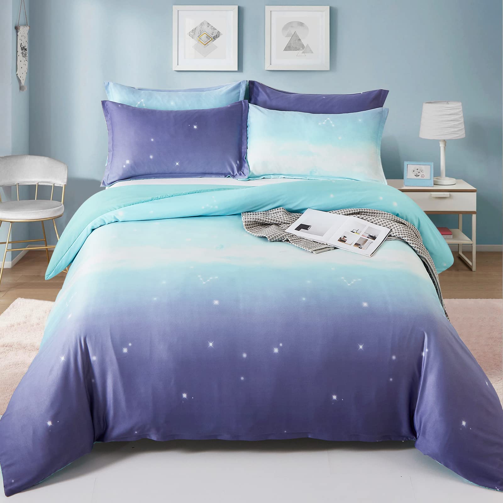 DJY Galaxy Duvet Cover Blue and Purple Bedding Set Gradient Duvet Cover Pillowcases with Zipper Closure for Kids Girls Teens Adults (Double Size 200x200cm)