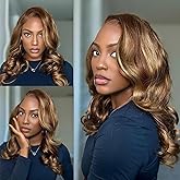 UVVUVV Highlight Bob Wig Human Hair 13x4 Body Wave HD Lace Front Wigs Human Hair Pre Plucked 180 Density Glueless Wigs Human Hair 16 Inch Short Bob Wigs for Black Women Natural Hairline