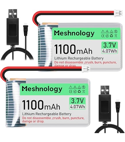 Meshnology Lot de 2 batteries LiPo 3,7 V 3000 mAh avec câble de charge USB 103665 1S avec panneau de protection, ruban en caoutchouc isolé et prise micro JST 1,25 pour Arduino