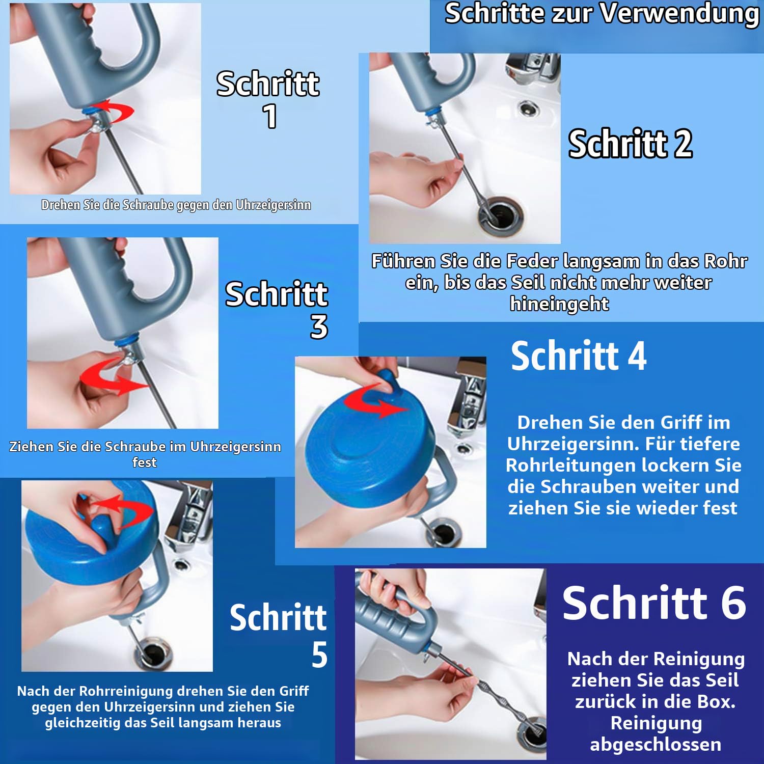 Rohrreinigungsspirale 10M Spirale Abfluss Rohrreinigung Mit Handschuhe Rohrreinigungsgerät, Rohrspirale, Abflussreiniger Spirale für Badezimmer, Küchenspüle, Pipeline 7