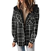 Dokotoo Womens Plaid Shacket Jacket Long Sleeve Button Down Fleece Hooded Jackets Warm Coat