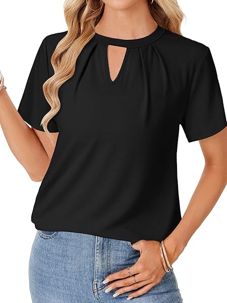 ROOSCIER WOMEN’S DRESSY CASUAL BLOUSES PLEATED KEYHOLE SHORT SLEEVE WORK SHIRTS TOPS BLACK MEDIUM
