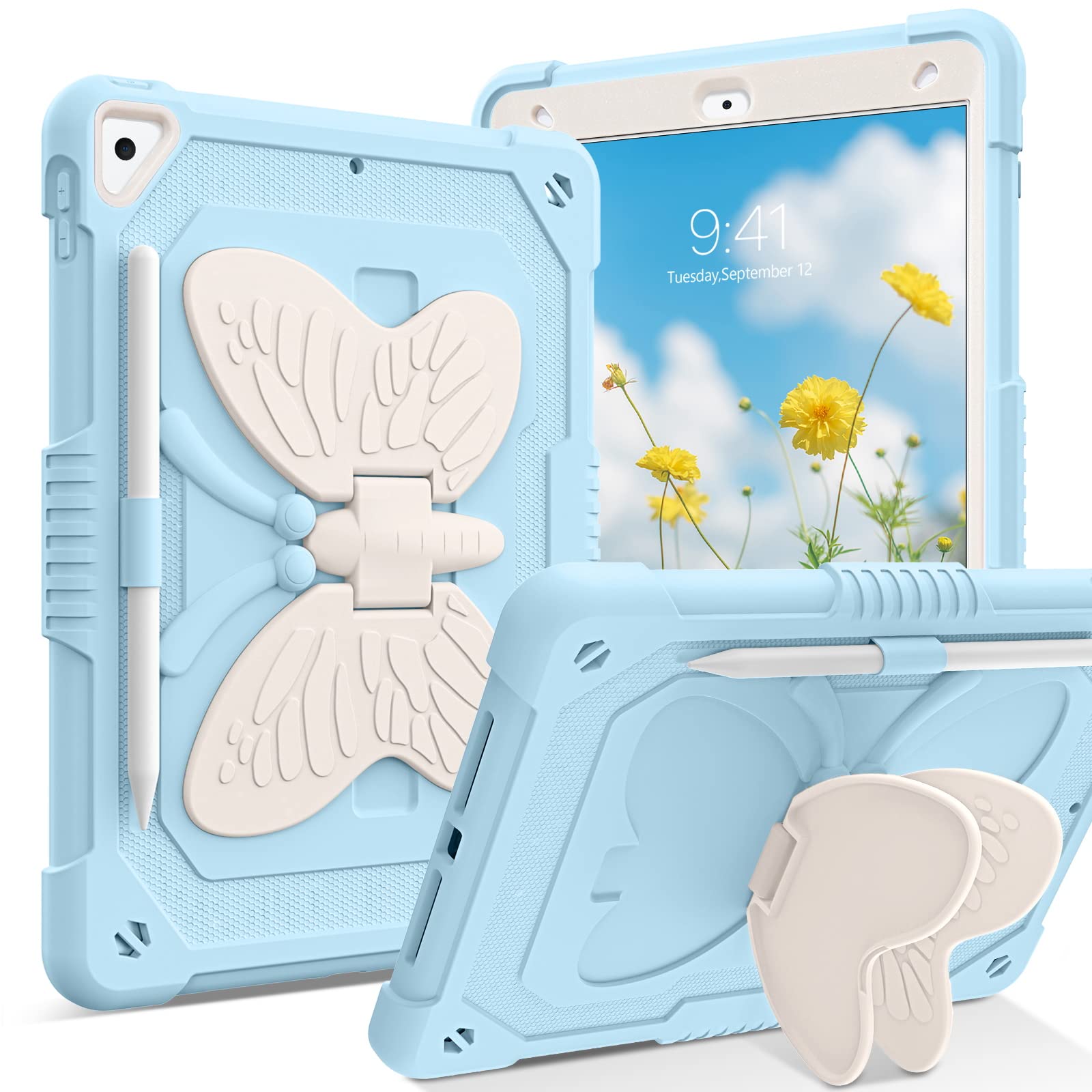 BENTOBEN Kids Case for iPad 9th / 8th / 7th Generation (2021/2020/2019) 10.2 inch, 2 Layer Rugged Shockproof Full Body Protective Case with Butterfly Stand Boys Girls Kids for iPad 10.2 inch, Blue