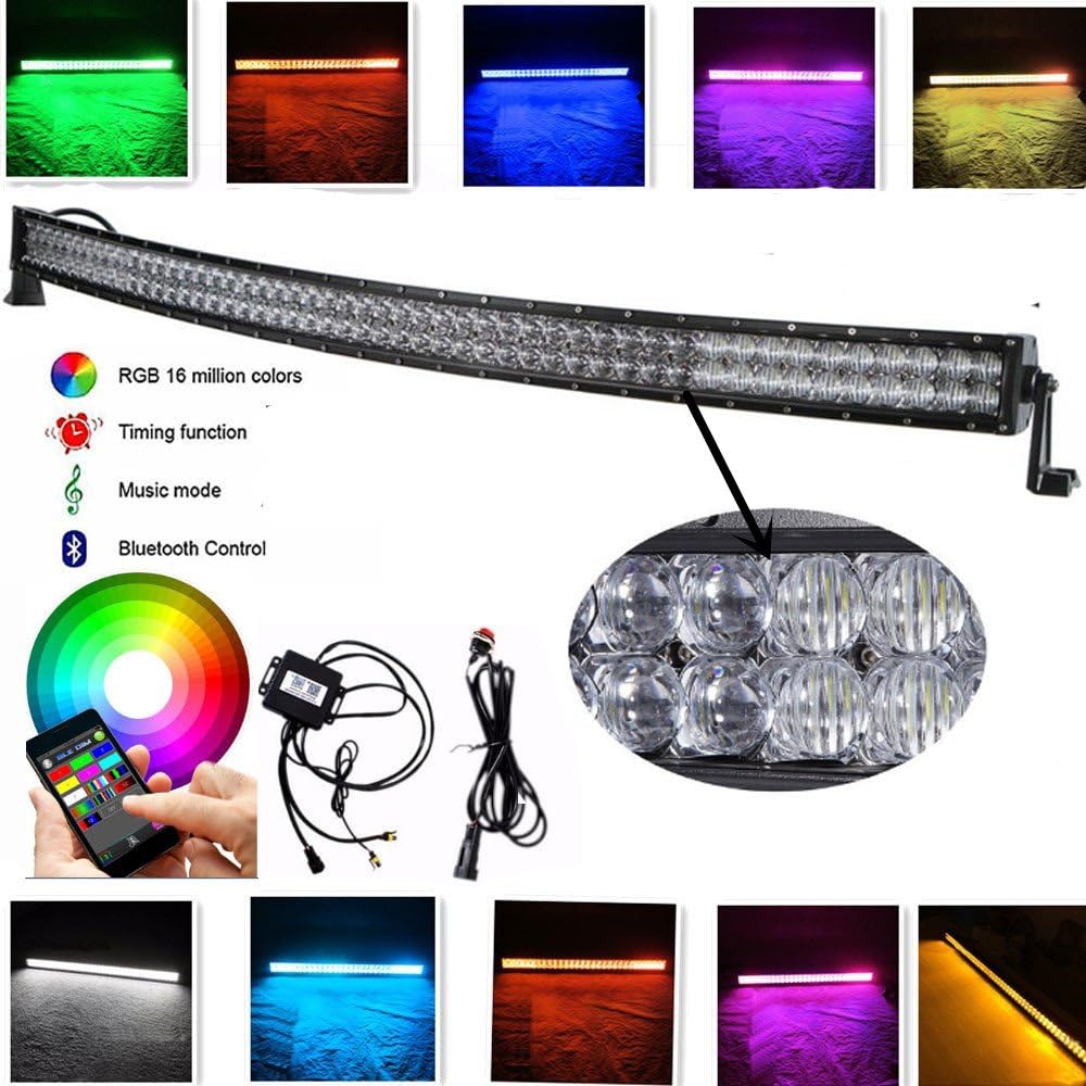 IOV LIGHT 288w 50 Inch Curved 5D RGB Light Bar 16 Million Colors Changing by Bluetooth APP 96PCS 3w Cree Led Chips RGB Strobe Fog Light Bar for Offroad Jeep Wrangler JK Bumper Free Wire Harness