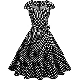 Women's Retro Formal Cocktail Party Dresses 1950s Cap Sleeve Polka Dot Swing Dress with Belt for Wedding Church