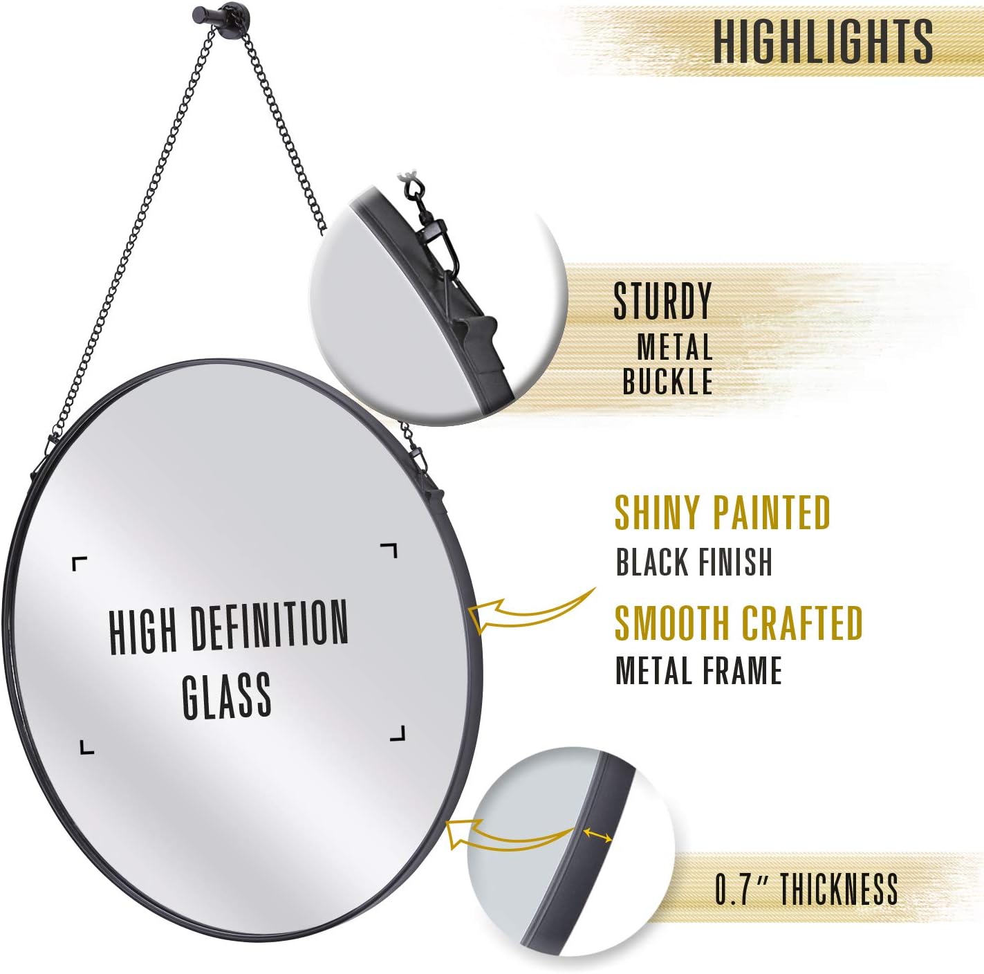 SIMMER STONE Round Wall Mirror, Metal Framed Mirror with Hanging Chain, Decorative Mirror for Bedroom, Living Room and Bathroom, Size 20", Black: Home & Kitchen