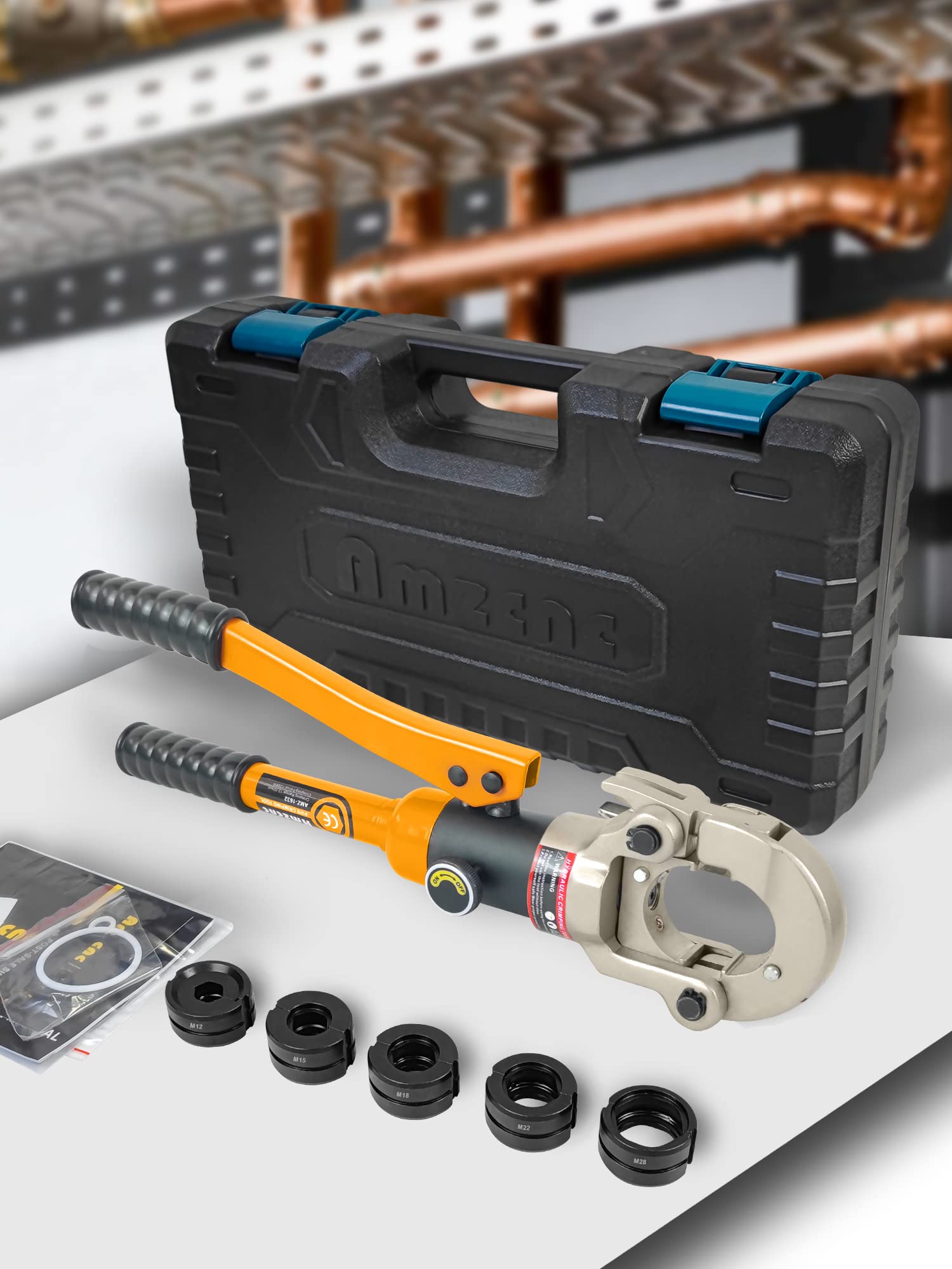 AMZCNC Professional crimping pliers M-contour 12-15-18-22-28 set pressing tool with 360° rotating head, for copper pipe, stainless steel tube, jaw inserts M12, M15, M18, M22, M28 incl.