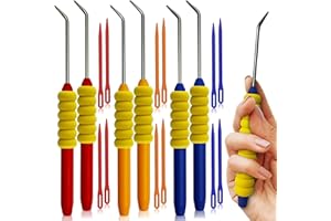 UCDRMA Knitting Loom Hook with Soft Grip, More Comfortable Loom Knitting Hook for Arthritic Hands, 6PCS Longer Loom Crochet Hooks (5.5in) Stainless Steel Yarn Loom Hooks with 12 Sewing Needles