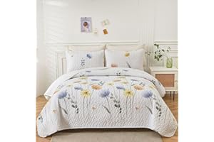 Dinjoy Floral Quilt Set King 3 Pieces Blue & Yellow Quilts Coverlet Set Bohemian Cute Bedspread Lightweight Farmhouse Bed Coverlet for Fall Winter All Season(110"x90")