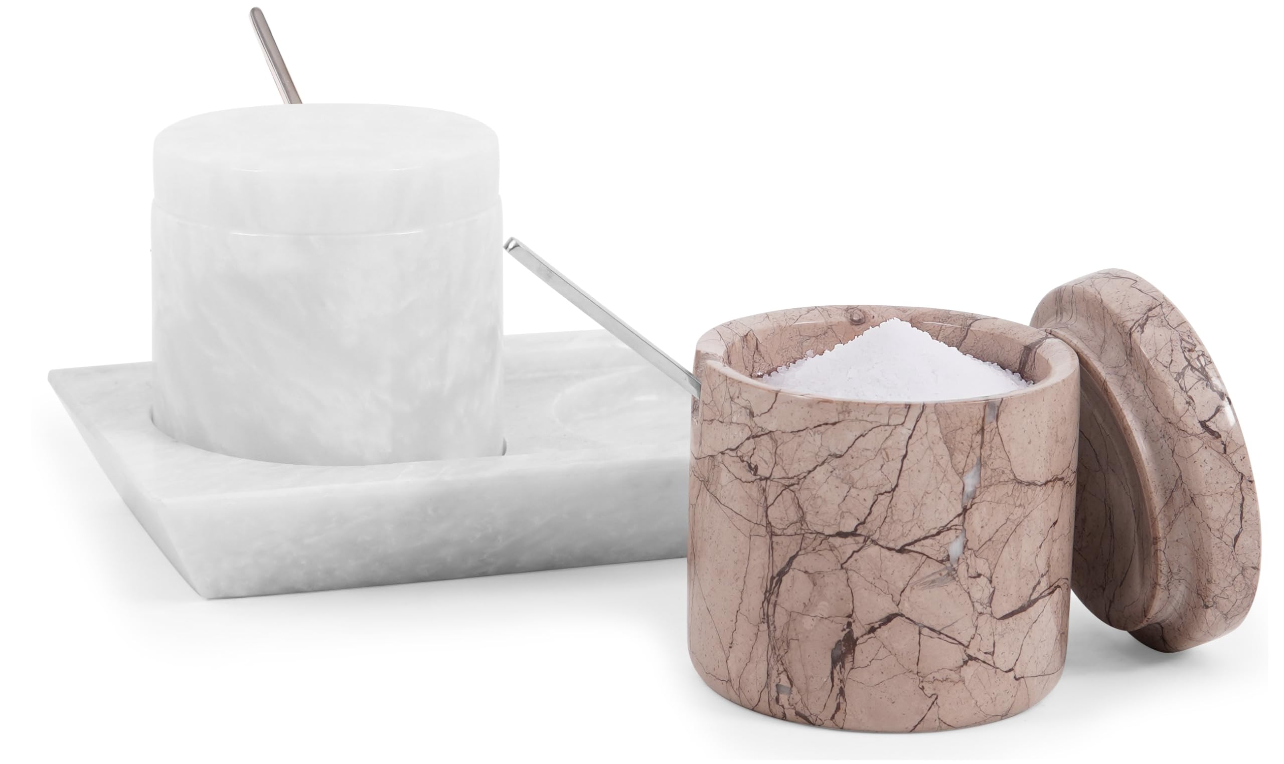 Radicaln Marble Salt Cellar with Lid & Tray White and Marinara Handmade Elegant Sugar Container and Salt Container Set of 2 for Kitchen Storage - Spice Jars for Seasoning Containers