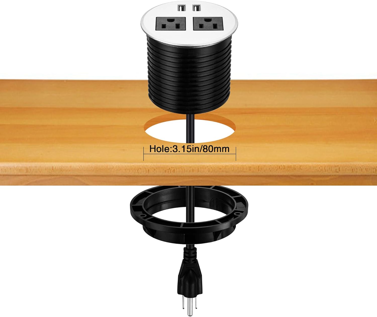 Desktop Power Grommet, PRUIZS 3.15inch Hole Table Power Grommet Outlet with 2 USB Charging Ports, 10ft Extension Cord Desk Power Strip with 2 Outlets for Computer, Table, Kitchen, Office, Home, Hotel - - 