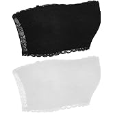 Ouligay 2 PCS Bandeau Bra Strapless Lace Bralette Women's Floral Lace Bandeau Bras for Low Cut Dress, Seamless Strapless Stretchy Tube Top Bra for Low Neckline Cleavage Cover (White, Black)