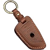 OLLEN Genuine Leather No Screws Key Fob Cover Fit for BMW 5 6 7 Series X1 X2 X3 X5 X6 GT Series etc, Blade Shape, Brown